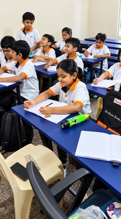 Smiling girl solving abacus sums in her notebook during a Mastermind Abacus class