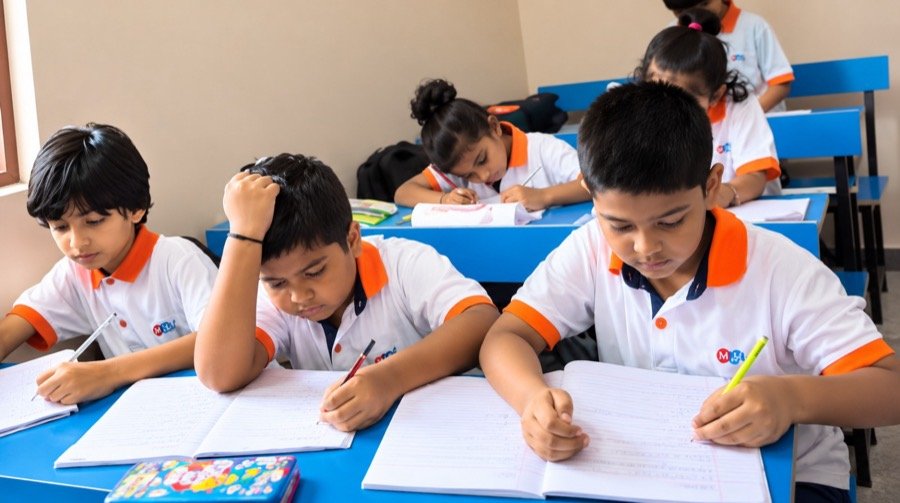 Children in Mastermind Abacus uniforms writing sums in their workbooks