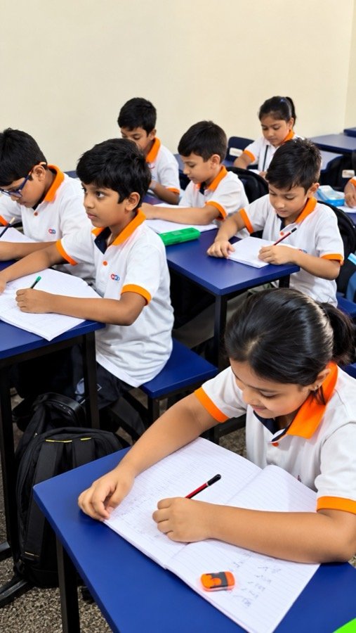 Abacus students writing practice sums at their desks to build calculation speed