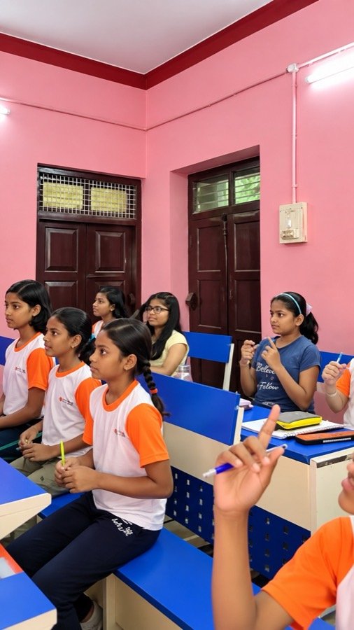 Small batch of girls in Mastermind Abacus T-shirts learning mental maths together in class